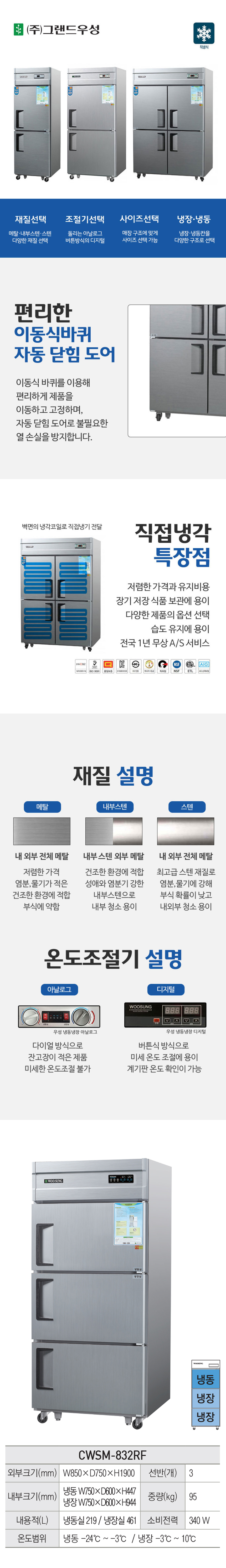 CI_[그랜드우성] 직냉식 냉장고+냉동고 710L 3도어 내부스텐 (CWSM-832RF_내부스텐) 상세 이미지 1